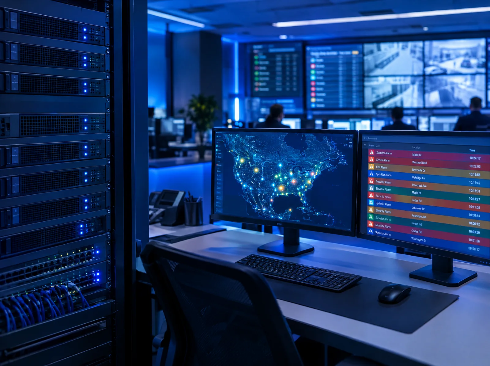 Scutum Digital central station: signal receivers and a live map of alarm signals across North America