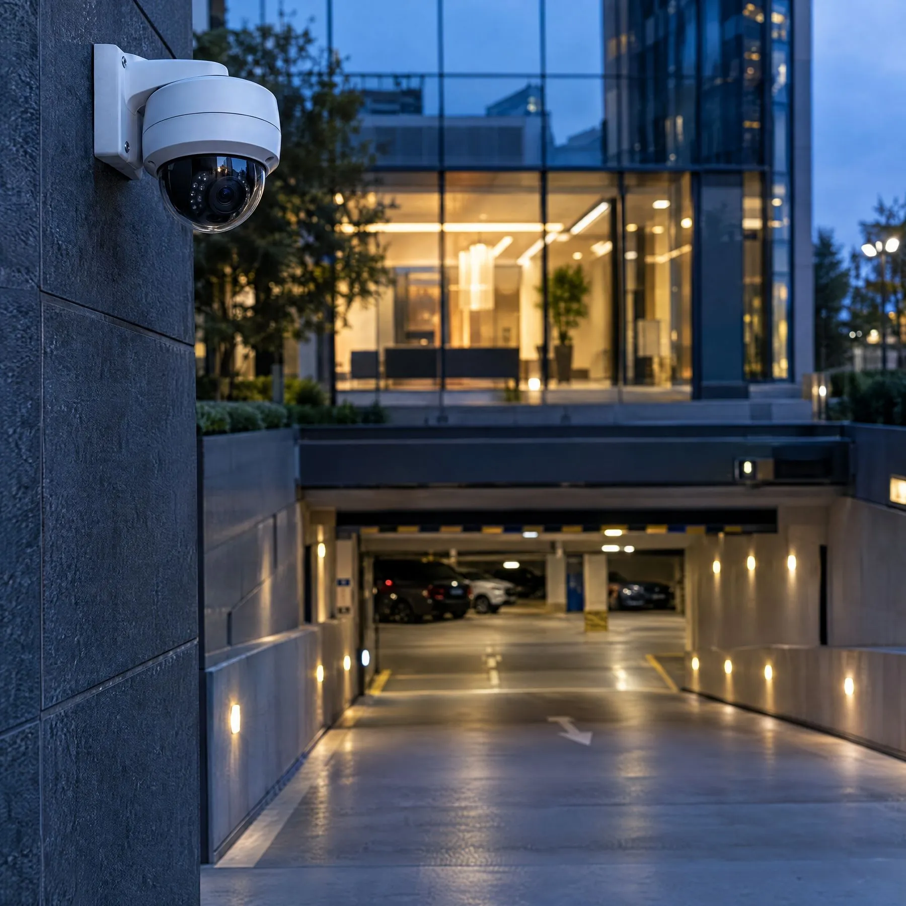 Dome security camera watching an office building garage entrance at dusk