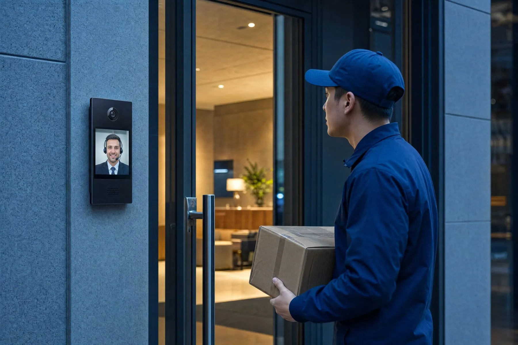 Courier with a package speaking to a live agent on a video intercom at an office door