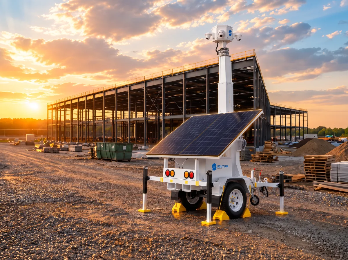 Scutum Digital solar mobile security tower at a construction site at sunset