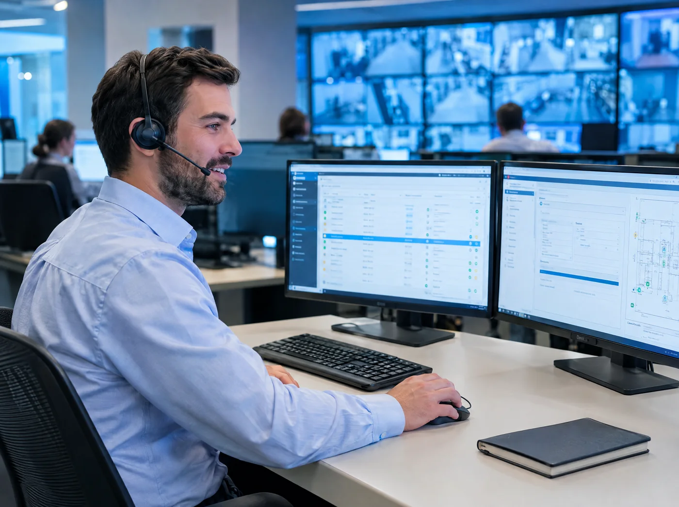 A Scutum Digital tech support specialist on a headset walking a dealer through panel programming