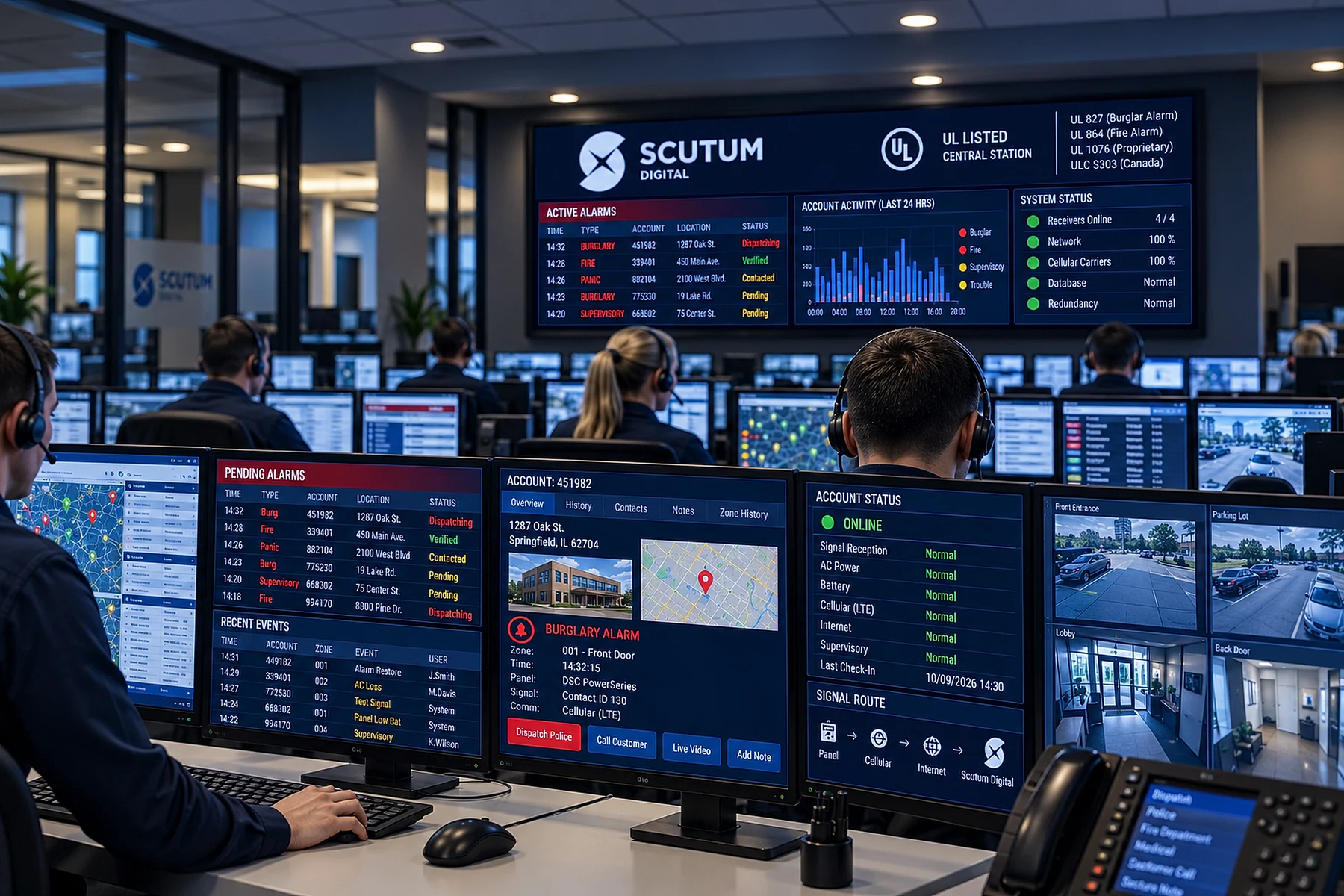 Scutum Digital central station: operators handling live alarms, account status and video under the UL Listed signal wall