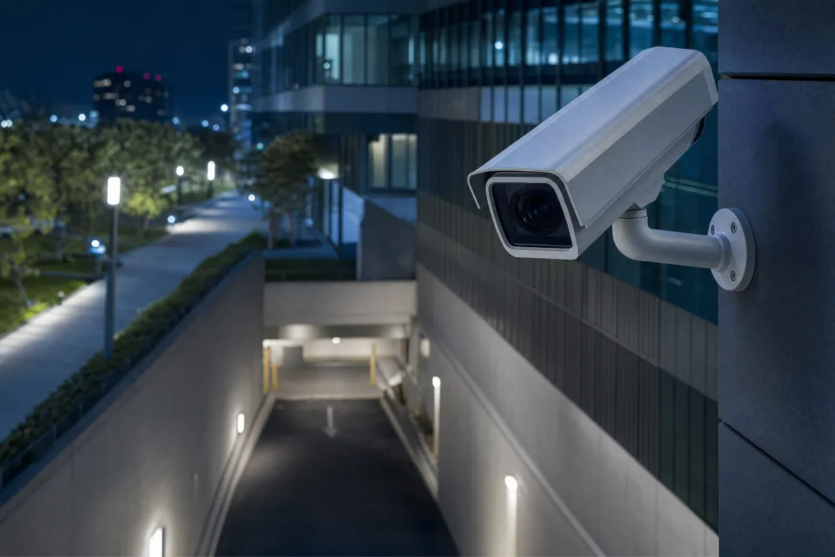 Security camera on a building corner watching a lit walkway at night