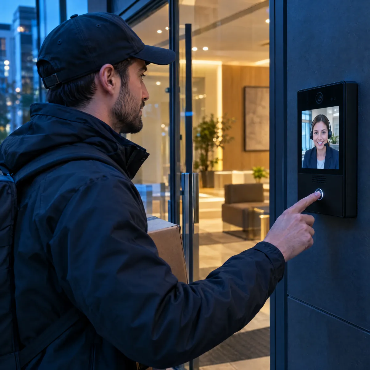 Courier pressing the call button on a video intercom with a live agent on screen