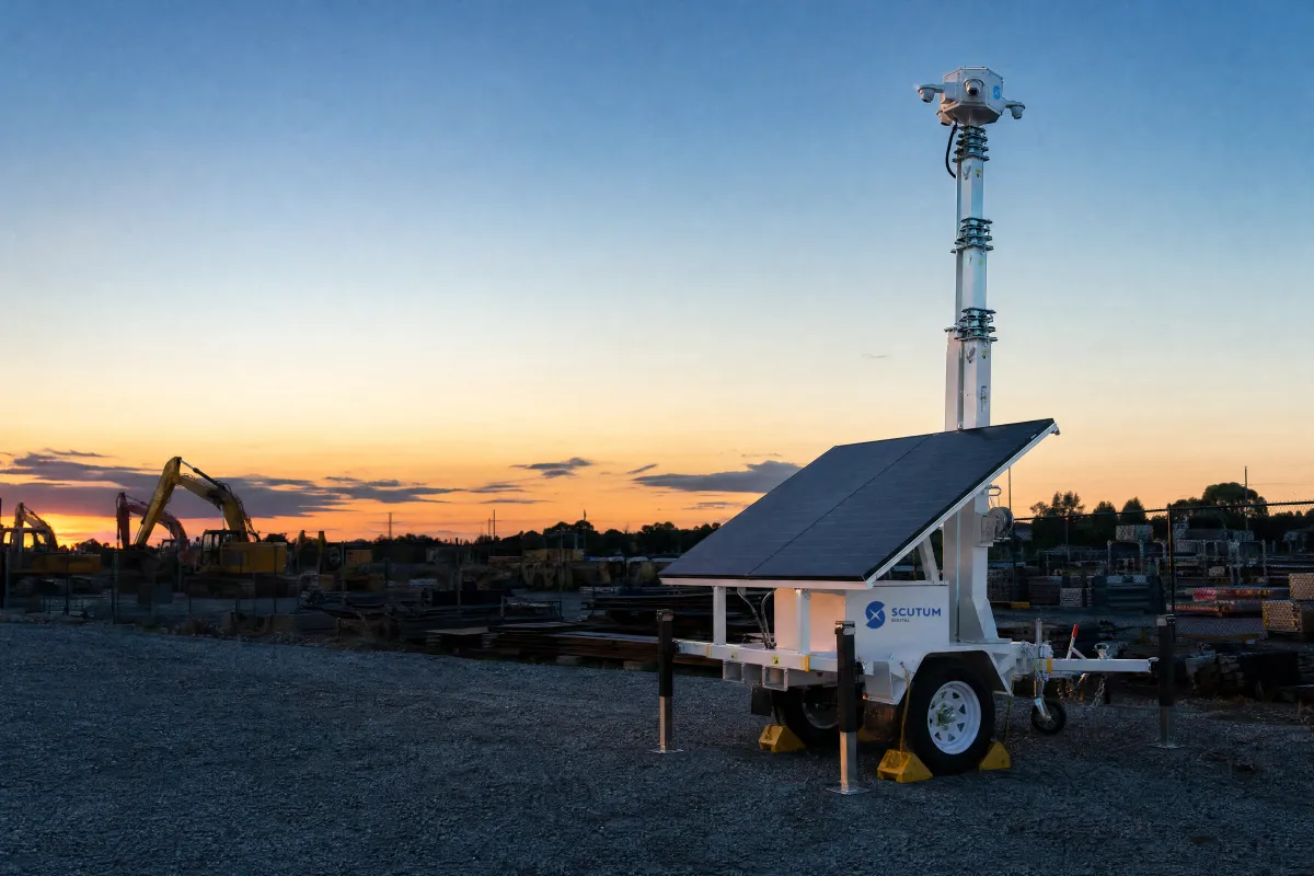 Scutum Digital mobile security tower watching a yard at dusk