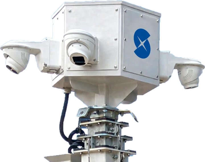 Close-up of the multi-camera head on a Scutum Digital mobile security tower
