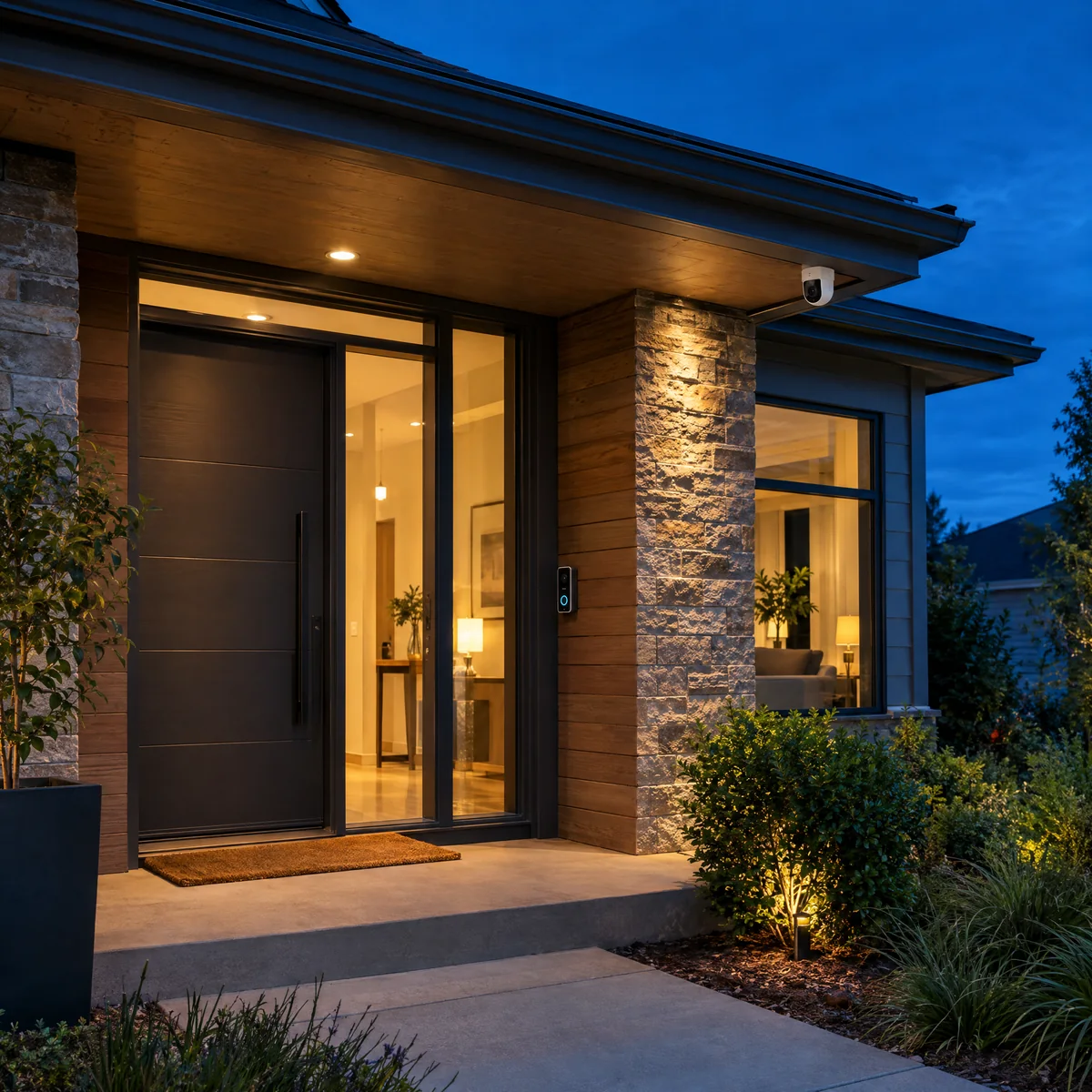 A modern home at dusk with a video doorbell and an outdoor IP camera