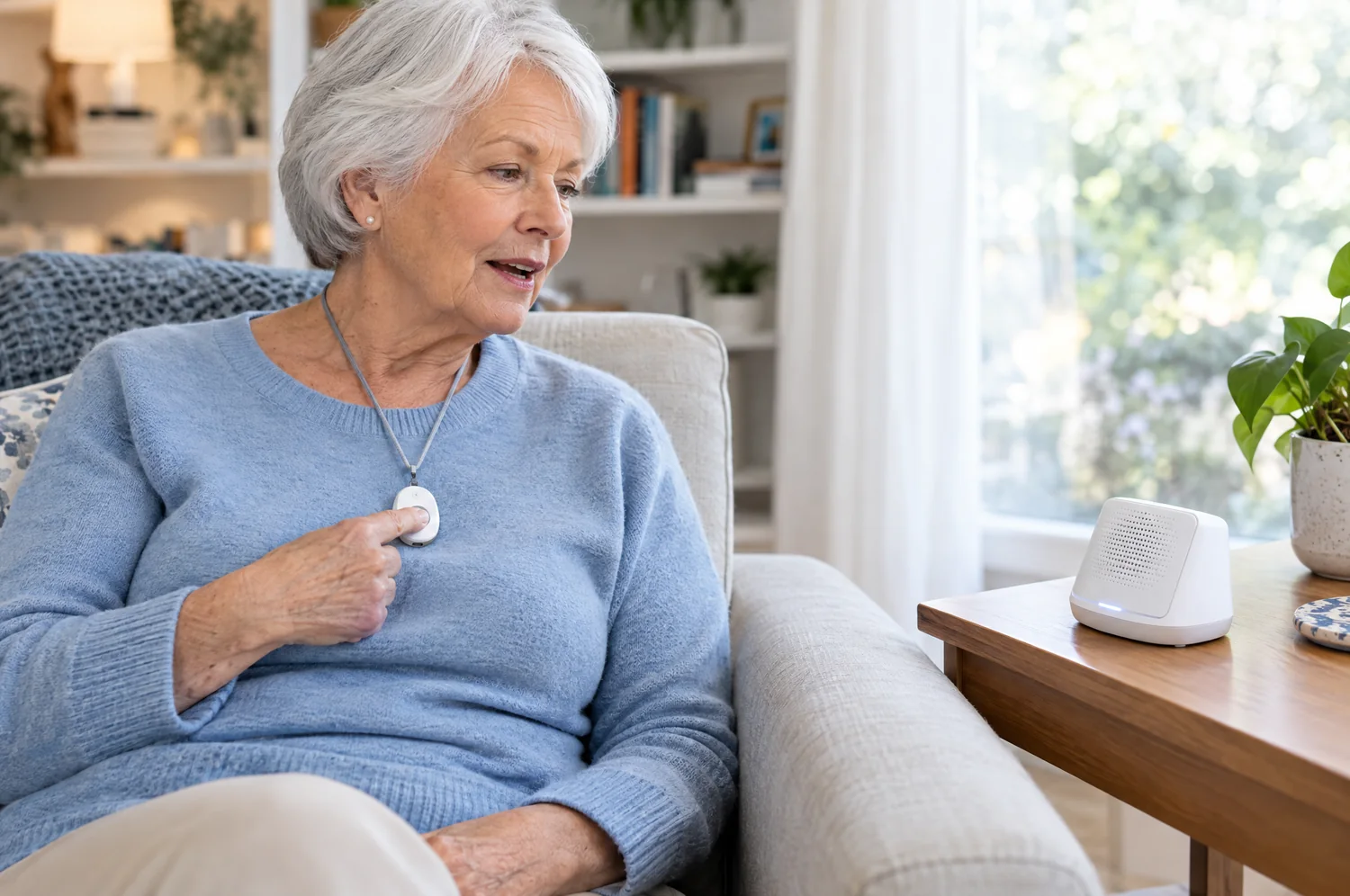 An older woman pressing her medical alert pendant to speak with a central station operator