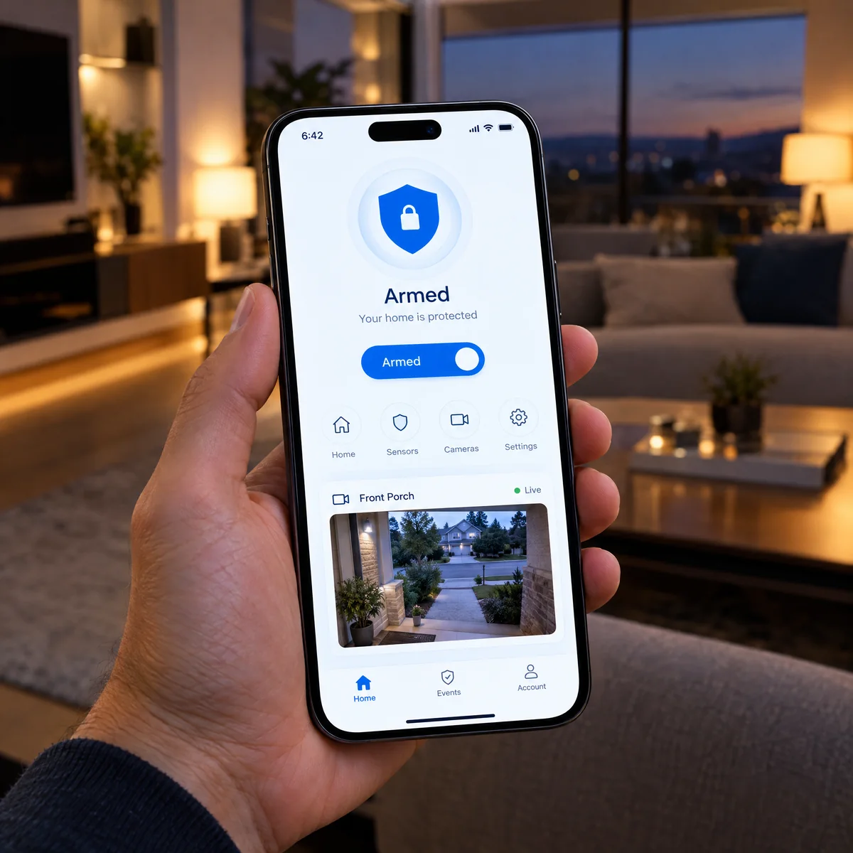 Arming a home security system and checking a live camera from a phone app