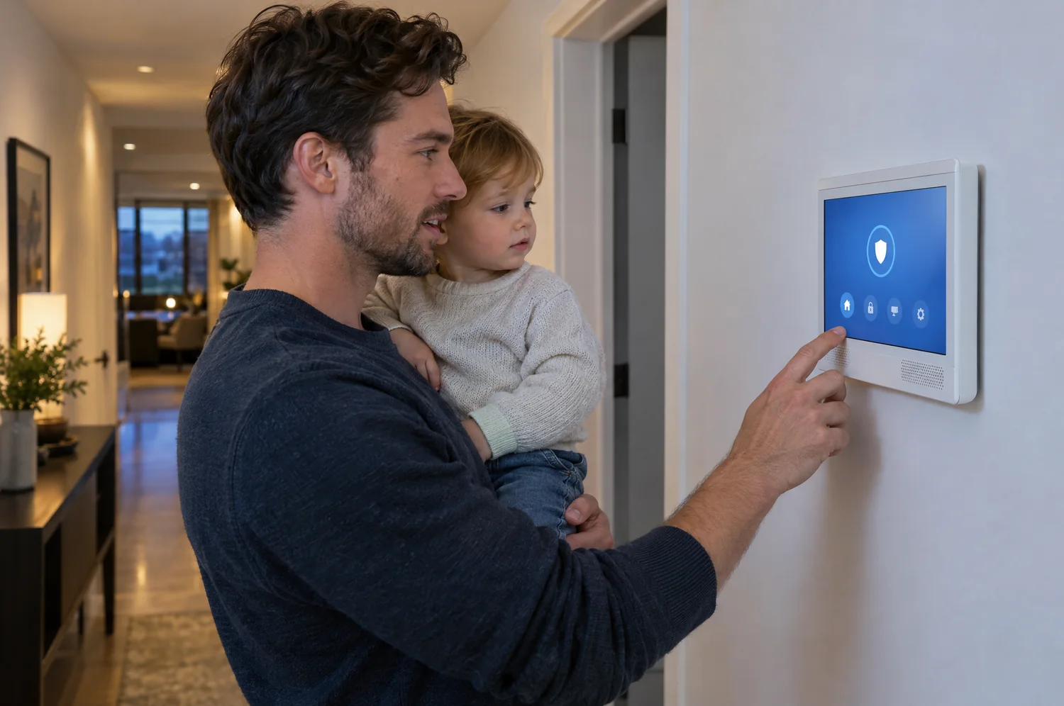 A father holding his child speaks to the monitoring center through a 2-way voice touchscreen panel