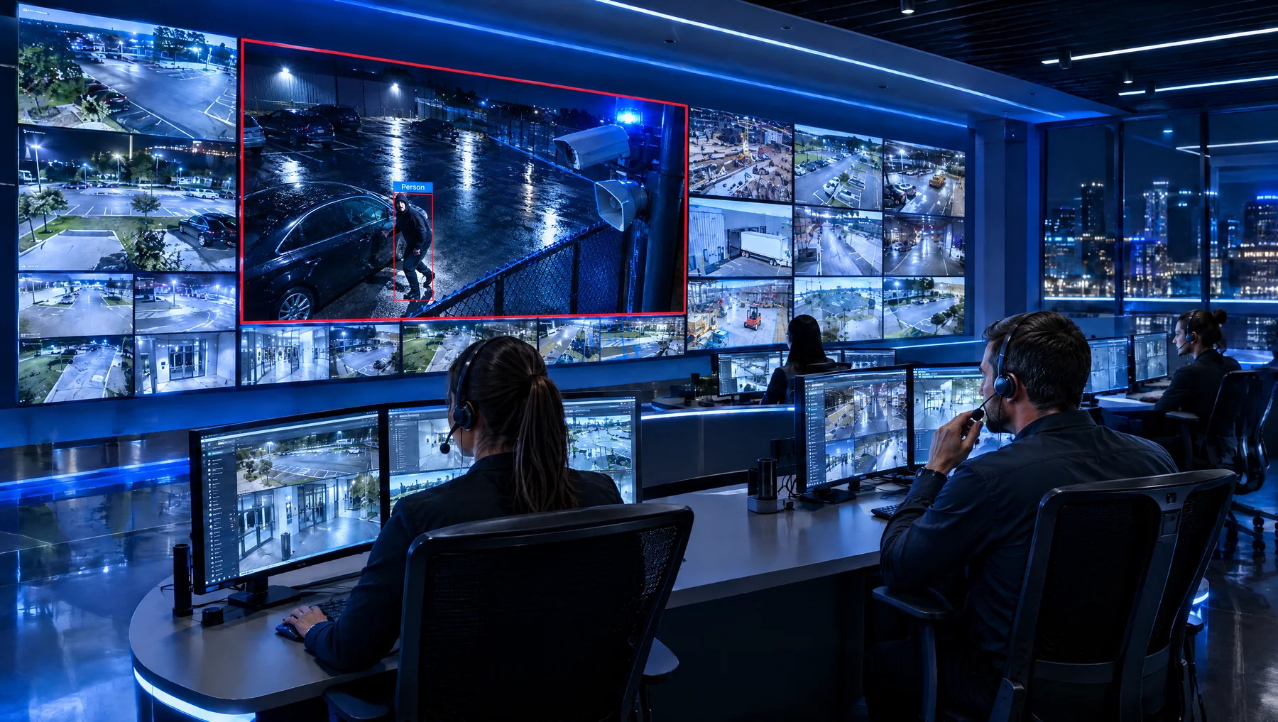 Scutum Digital operators in the command center; the main screen shows an intruder flagged by AI while an operator talks him down live